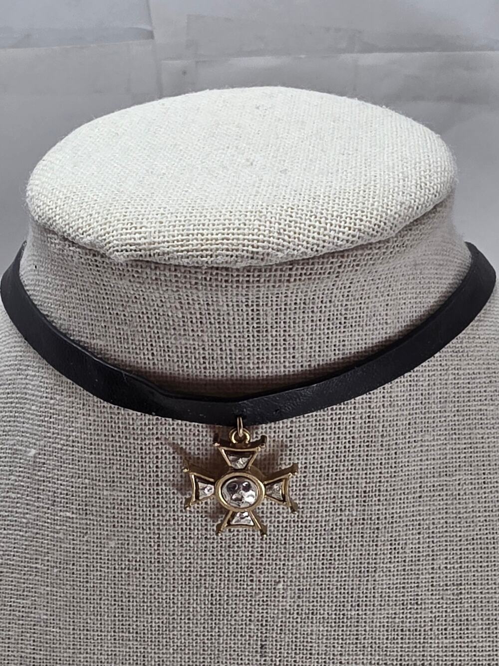 Natasha  Black Choker with Cross Gold Tone  Charm